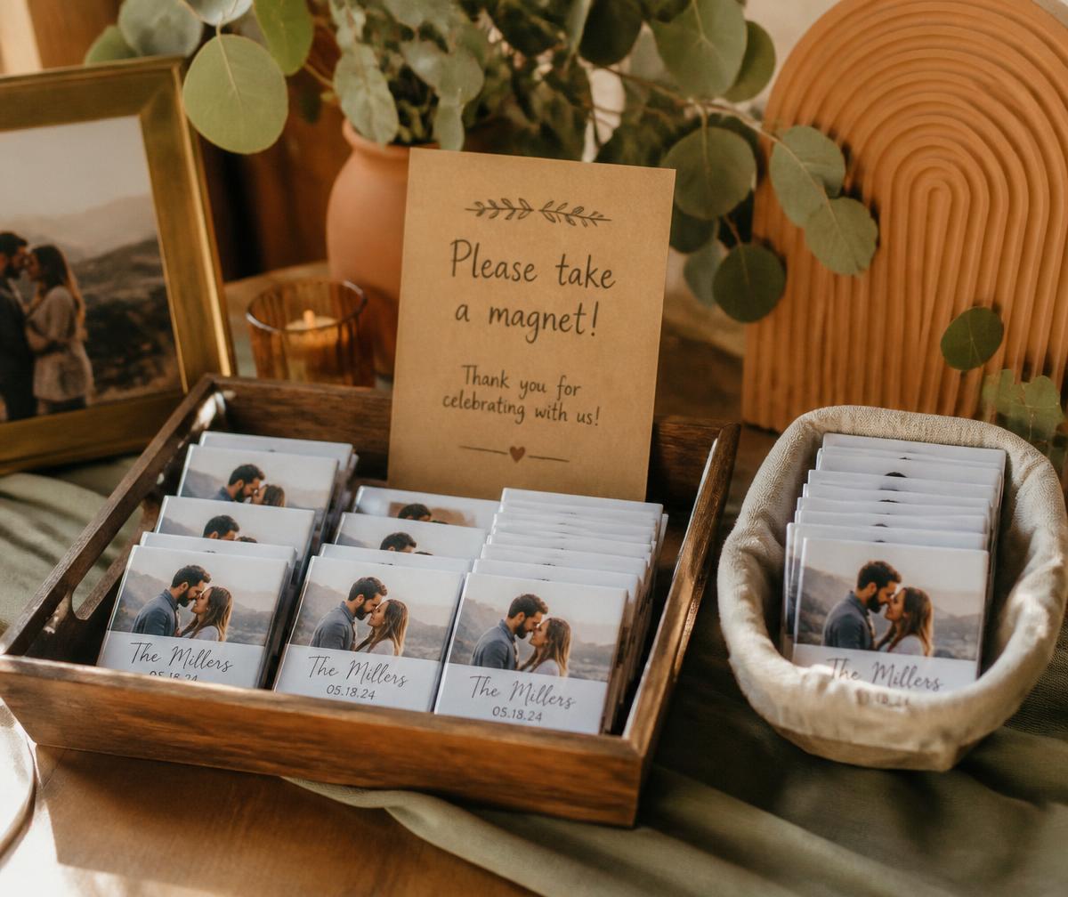 Personalized photo magnet favors displayed in a wooden tray on a wedding reception table