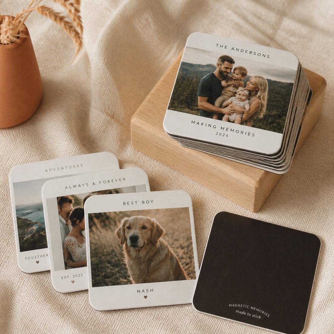Personalized Photo Magnets — personalized keepsake magnets styled on linen