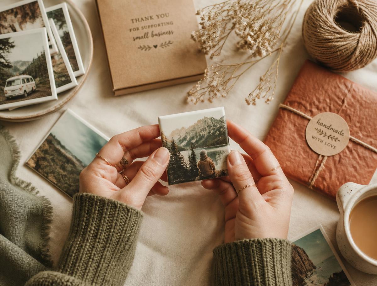 Hands holding a small photo magnet above a table of printed photos, twine, and kraft packaging